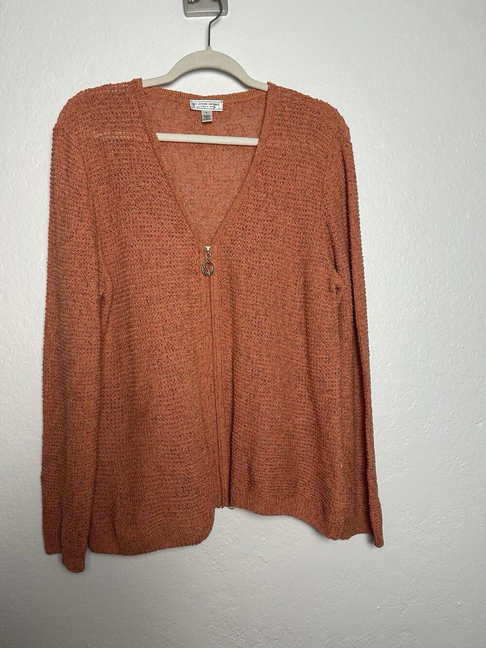 VTG St John Sport Womens Knit Zip Up Orange Loose Knit Sweater Size Large